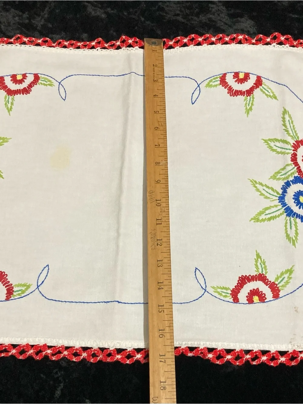 Vintage Embroidered Floral Table Runner - White with Red & Green Accents